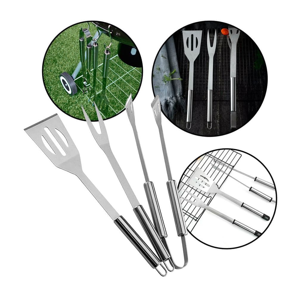 Kit churrasco inox premium com espátula, pegador e garfo, cabos de madeira ergonômicos e resistentes para praticidade e elegância