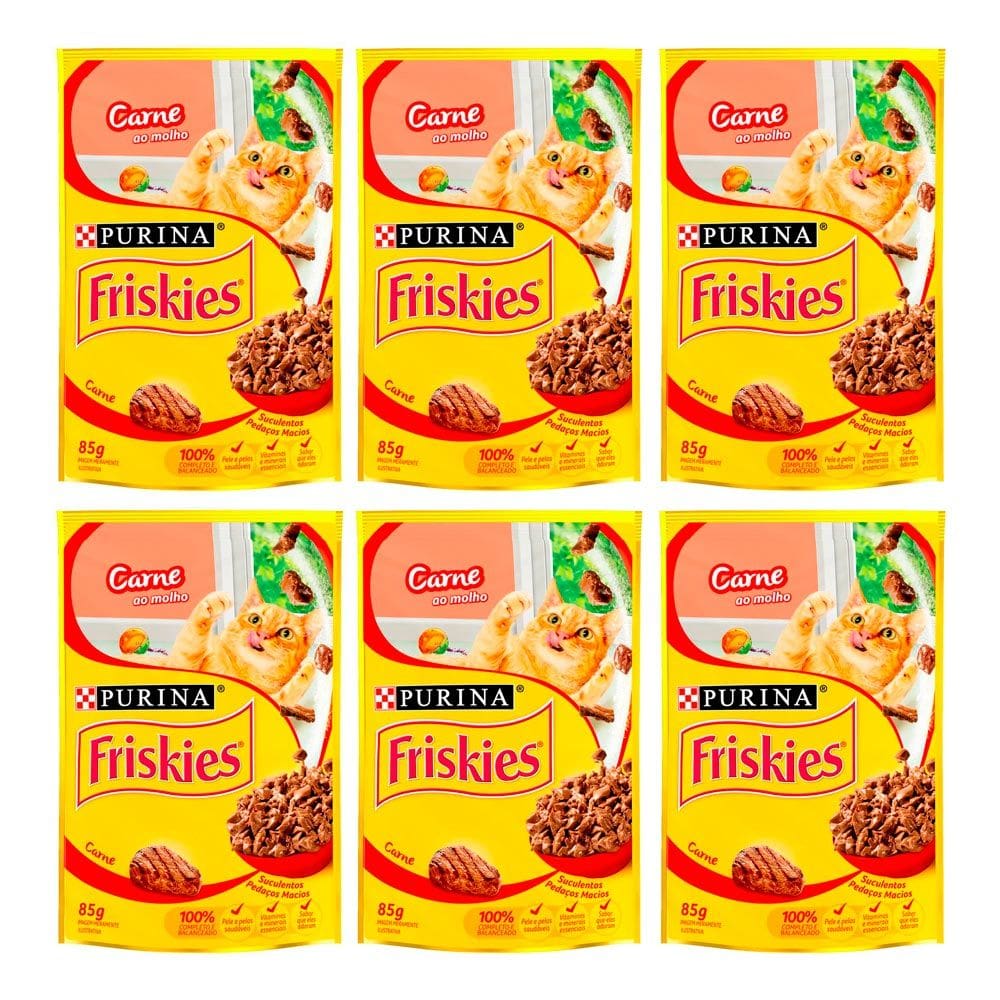 Kit 6 Ração para Gatos Friskies Adultos Sachê Sabor Carne ao Molho com 85g