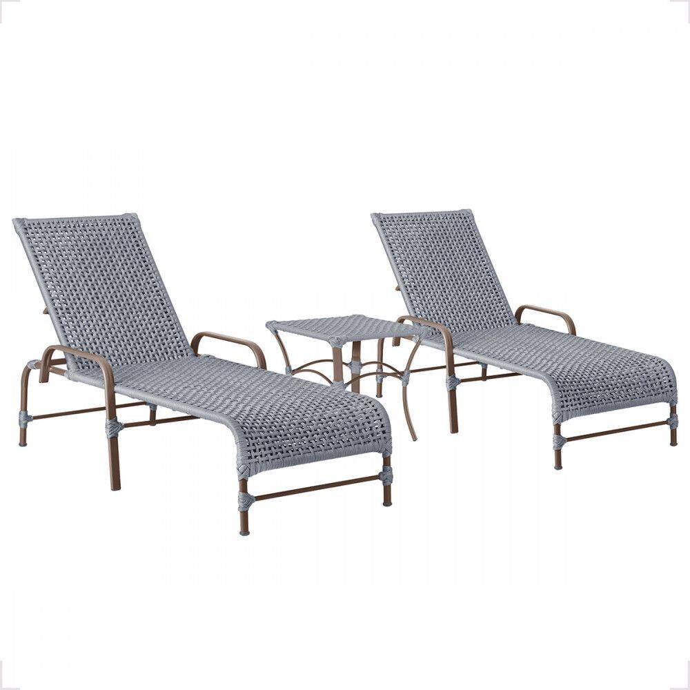 2 Espreguiçadeira Catar e 1 Mesa Garden Cor Marrom Corda Náutica