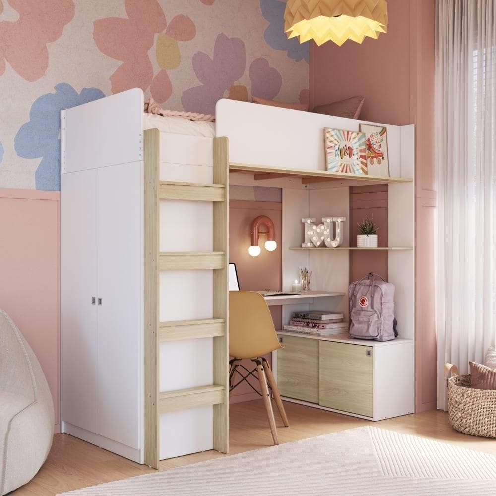 Cama Infantil Alta Multifuncional Office Solteiro Colchão Escrivaninha Branca