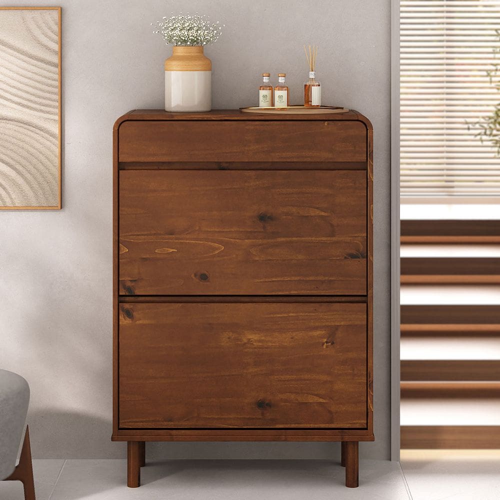 Sapateira Vertical Hall De Entrada Basculantes Com Gaveta Castanho Verniz Nael