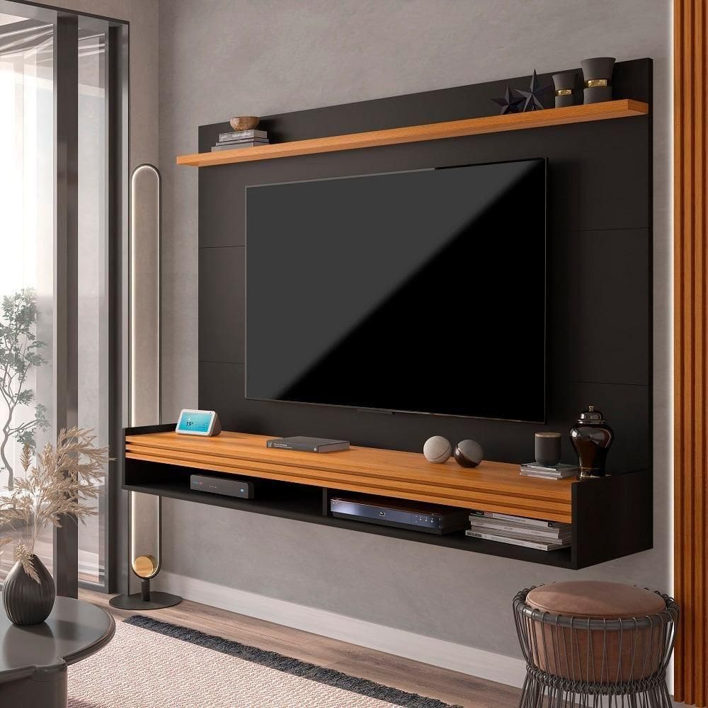 Painel Ripado Tv 55 Polegadas Com Nicho E Prateleira Ipanema - Preto E Cedro