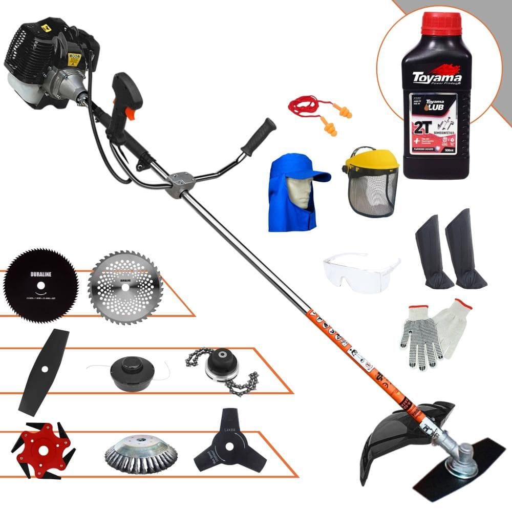 Roçadeira Terra GRH520 52cc Com Carretel Nylon + Facas 2 Pontas, 3 Pontas, 6 Pontas, 40 Dentes, 80 Dentes, Trimmer e Escova de Aço + EPI + ÓLEO TOYAMA