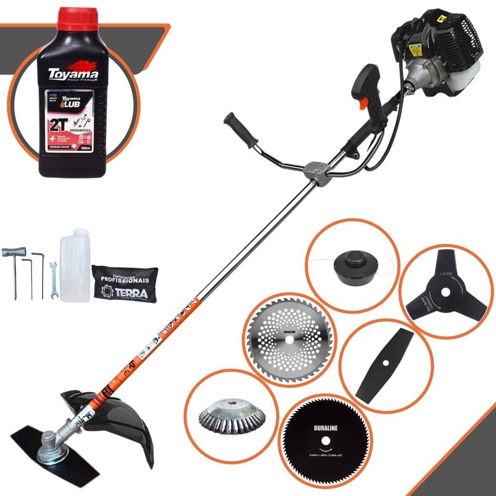 Roçadeira Terra GRH520 52cc 2,5HP Com Carretel e Faca 2 Pontas + Faca 3 Pontas + Faca 40 Dentes Vídea + Faca 80 Dentes + Escova de Aço + ÓLEO TOYAMA