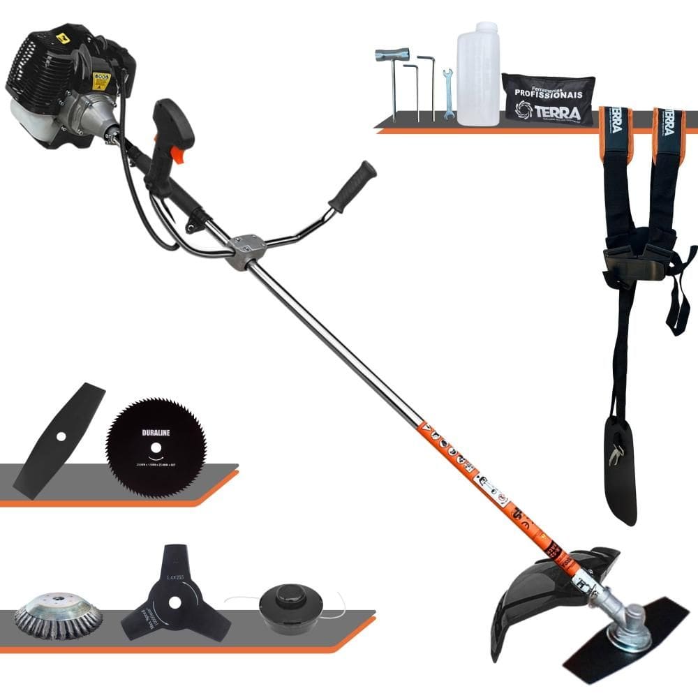 Roçadeira Robusta Terra GRH520 À Gasolina 52cc 2,5HP 5 Opções de Corte Com Facas 2 Pontas, 3 Pontas, 80 Dentes, Escova de Aço e Carretel de Nylon