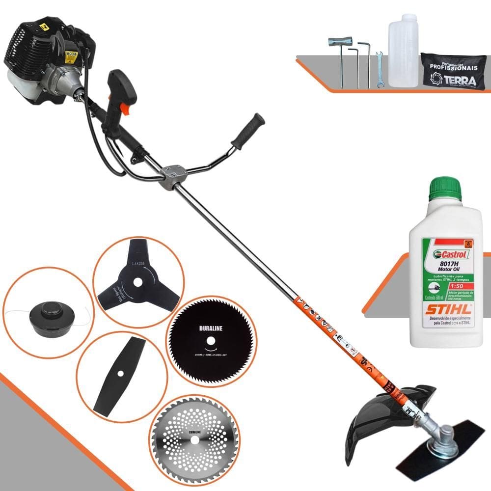 Roçadeira Terra GRH520 52cc 2,5HP Com Carretel de Nylon + Lâmina Facão + Lâmina 3 Pontas + Lâmina 40 Dentes Vídea + Lâmina 80 Dentes + ÓLEO STIHL 2T