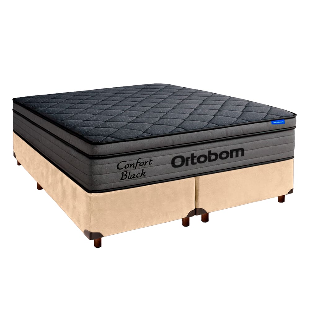 Cama Box Perola + Colchão King Confort Black Espuma Soft Gel Ortobom