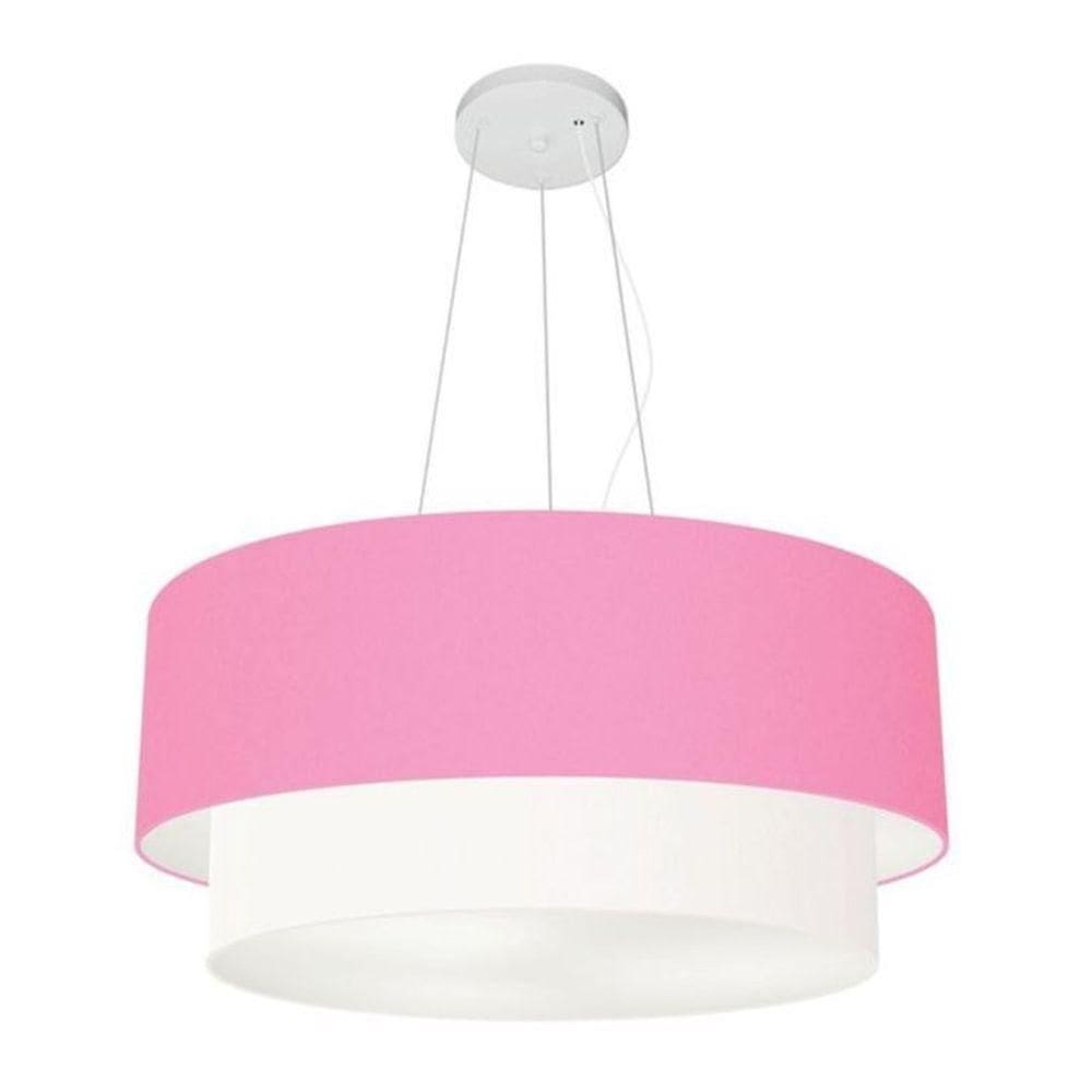 Lustre Pendente Duplo Cilíndrico Vivare Md-4082 Cúpula Tecido 60x50cm - Bivolt Rosa-bebê-branco 110v/220v