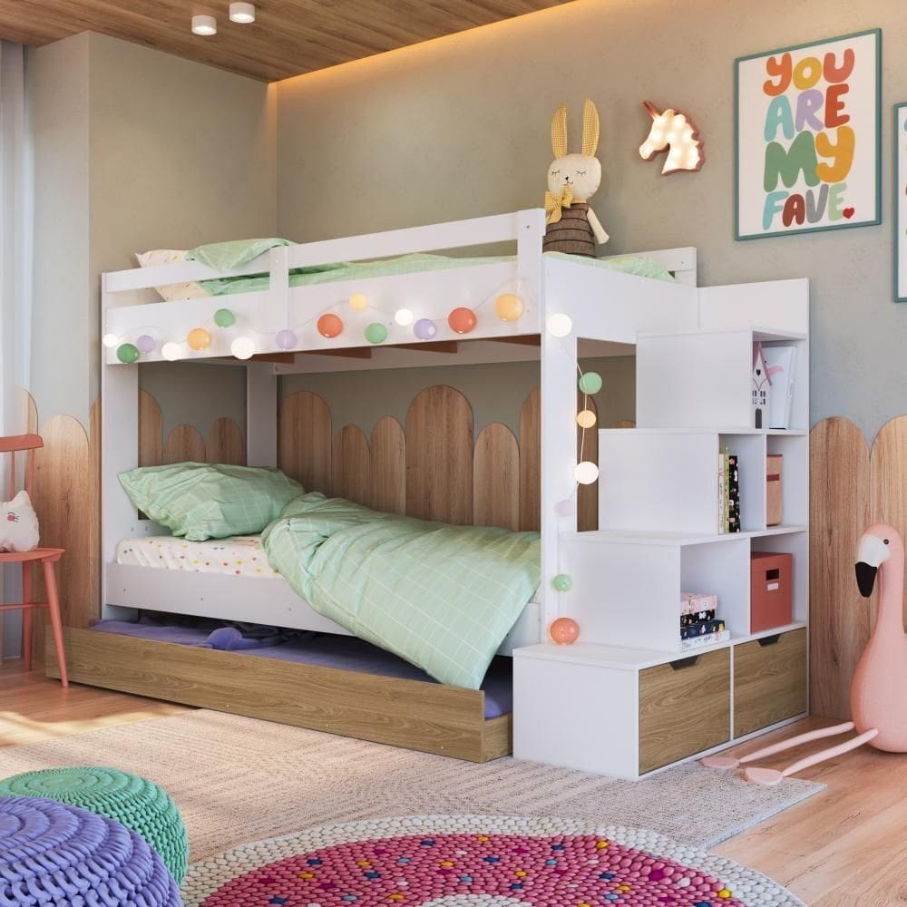 Cama Treliche Infantil Bicama Menino Menina 2,32m Com Escada, Nichos E Gavetas Branco Com Aveiro