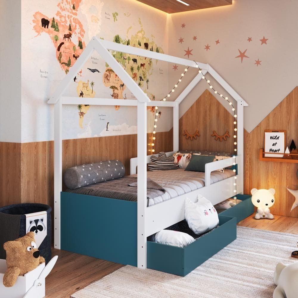 Cama Infantil Montessoriana Casinha Solteiro Gavetas com Roda Branco com Azul