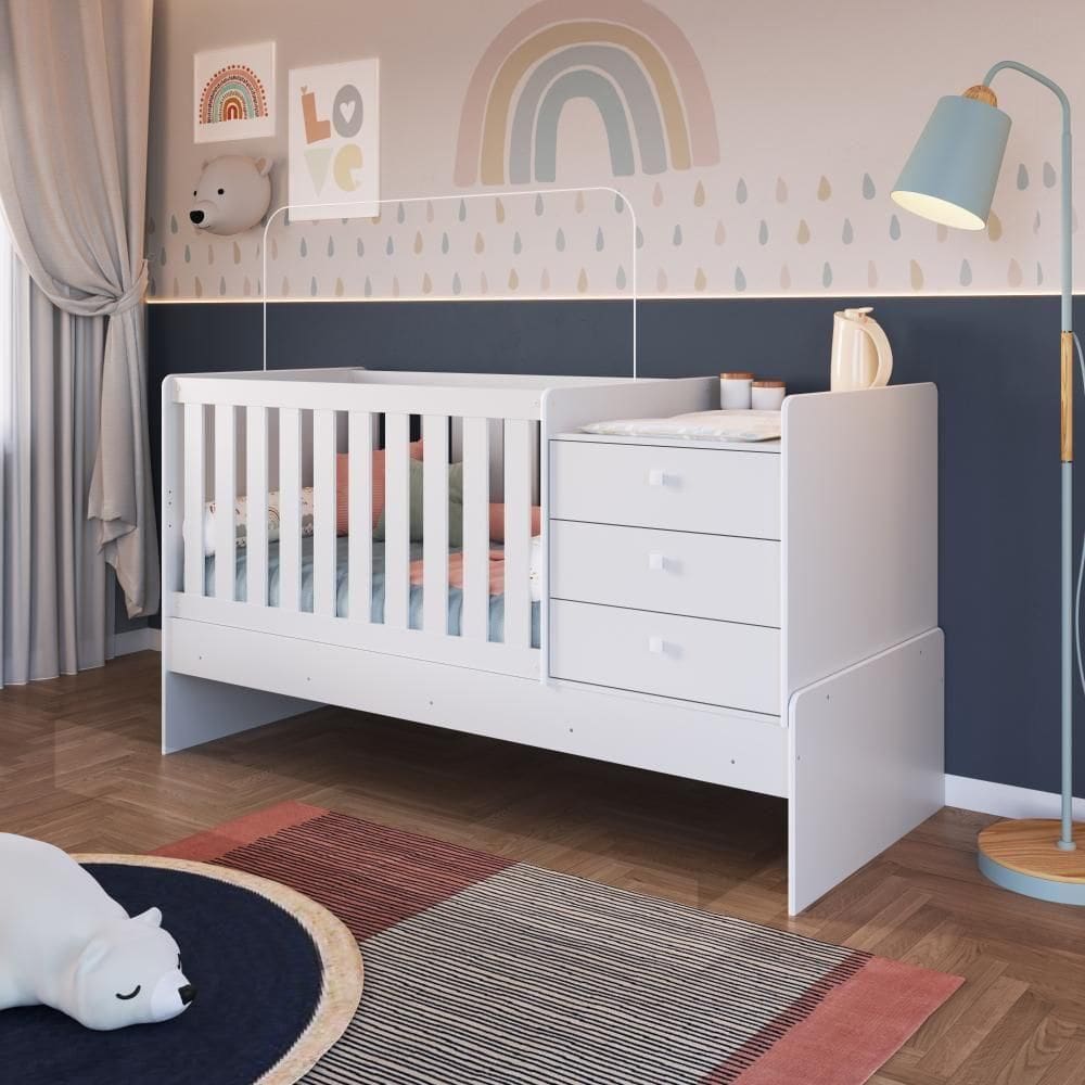 Berço Infantil Multifuncional Menino Menina 196cm Com Cômoda, Trocador E Grade Em Mdf Branco