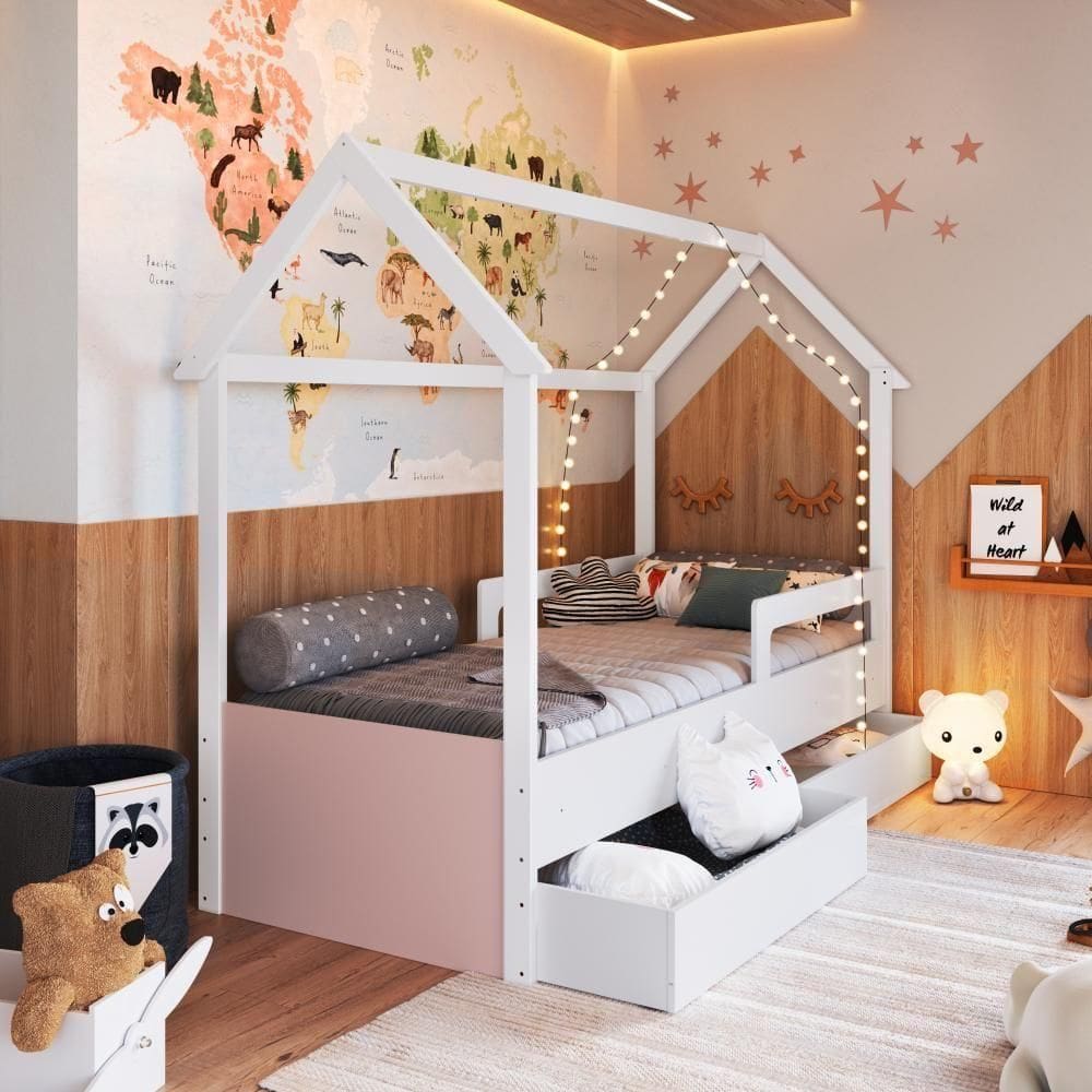 Cama Infantil Montessoriana Casinha Solteiro Gavetas com Roda Branco com Rosa
