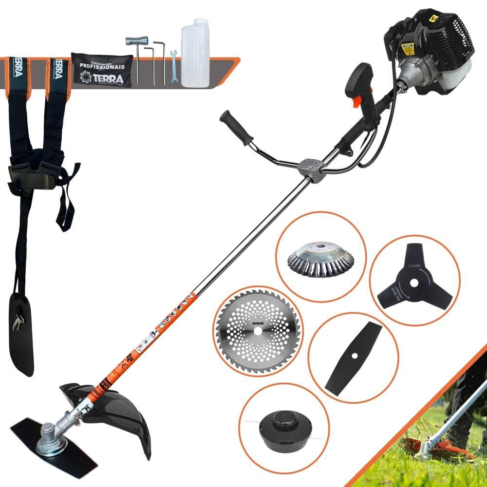 Roçadeira Terra GRH520 À Gasolina 52cc 2,5HP 6.500rpm Multifuncional Com Carretel Nylon + Faca 2 Pontas e 3 Pontas + Faca 40 Dentes + Escova Rotativa