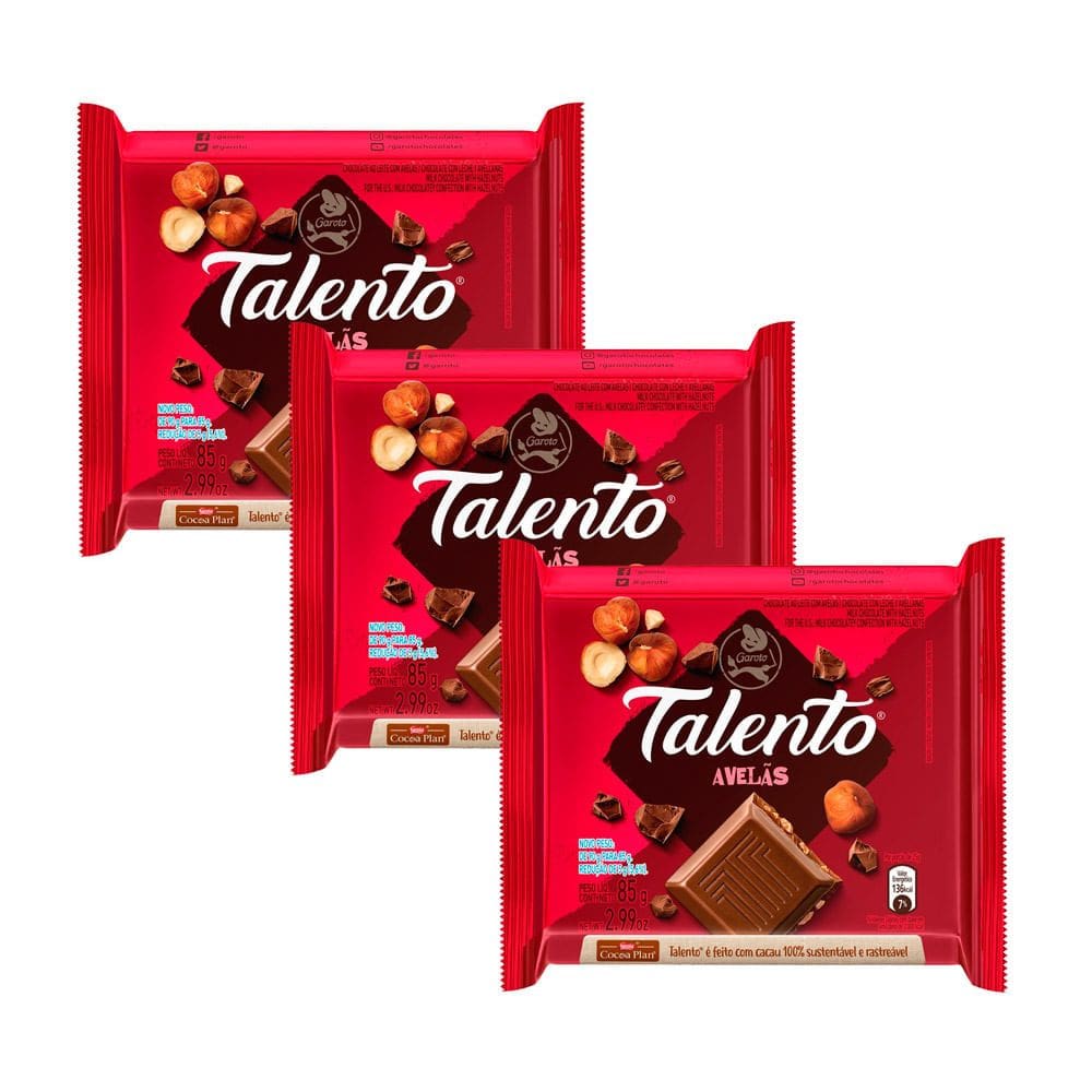 Kit 3 Chocolate Garoto Talento ao Leite com Avelãs 85g