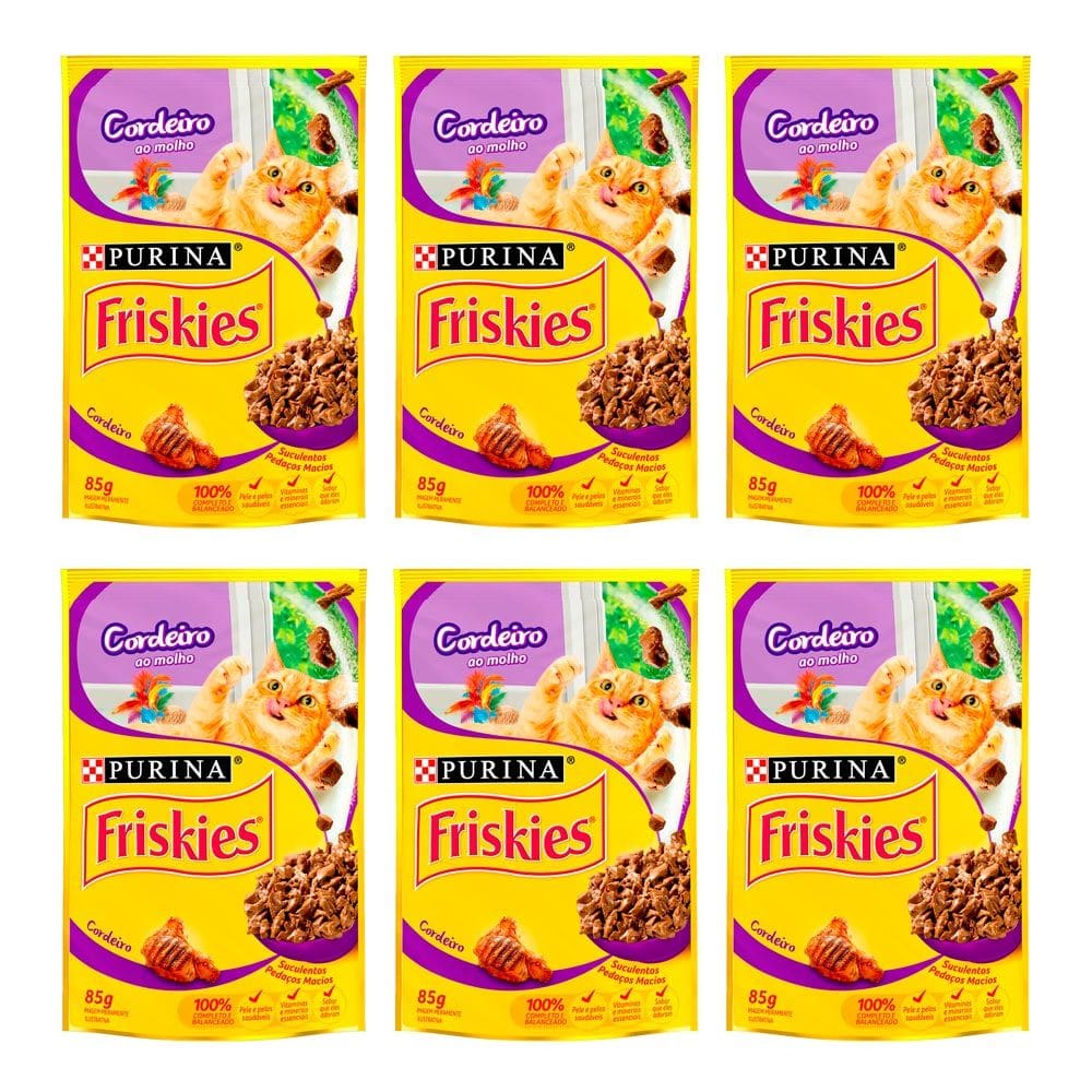 Kit 6 Ração Úmida para Gatos Friskies Adultos Sabor Cordeiro ao Molho em Sachê 85g