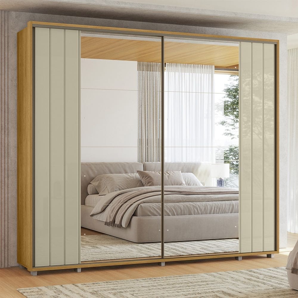 Guarda Roupa Dalí 2 Portas de Correr com Espelho 8 Gavetas Cumaru Opala Madetec