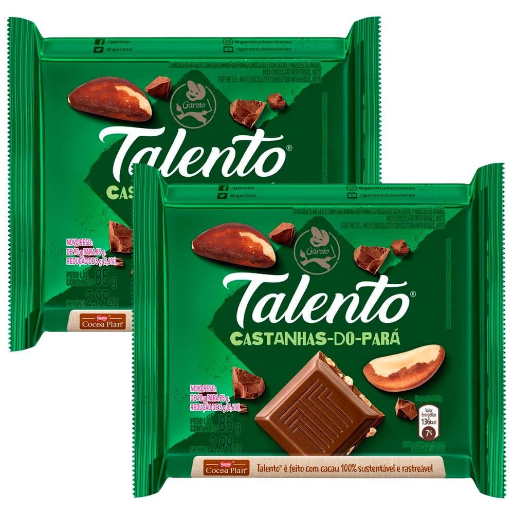 Kit 2 Chocolate Garoto Talento ao Leite com Castanha do Pará 85g