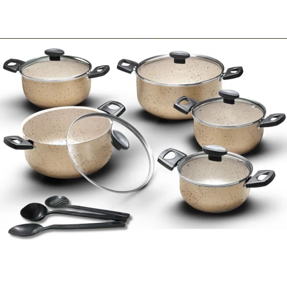 Jogo Conjunto De Panelas Antiaderente 5 Peças Tampa De Vidro Cor Vanilla