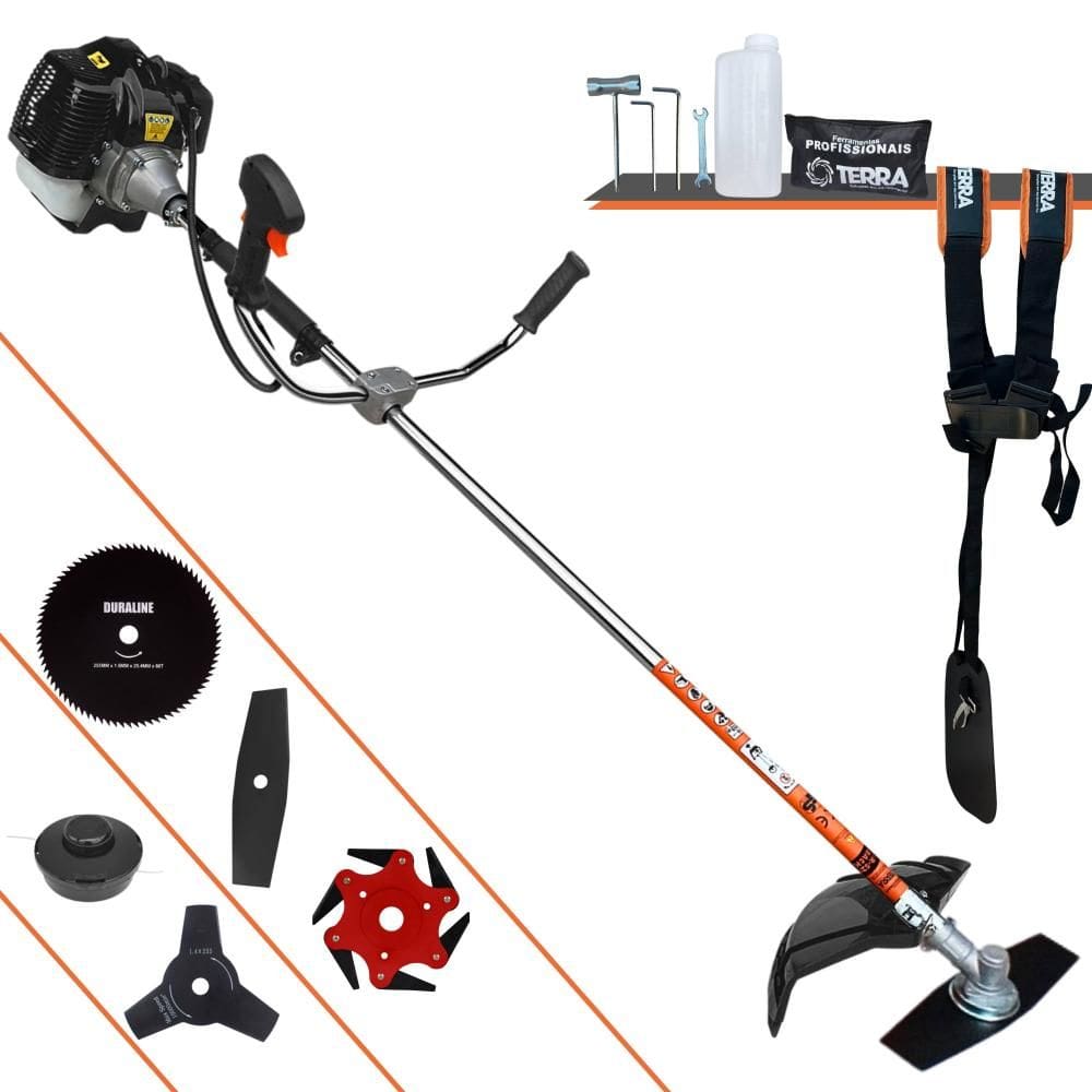 Roçadeira Terra GRH520 À Gasolina 2T 52cc 2,5HP Com Carretel Nylon + Lâmina Facão + Lâmina 3 Pontas + Lâmina 6 Pontas + Lâmina 80 Dentes