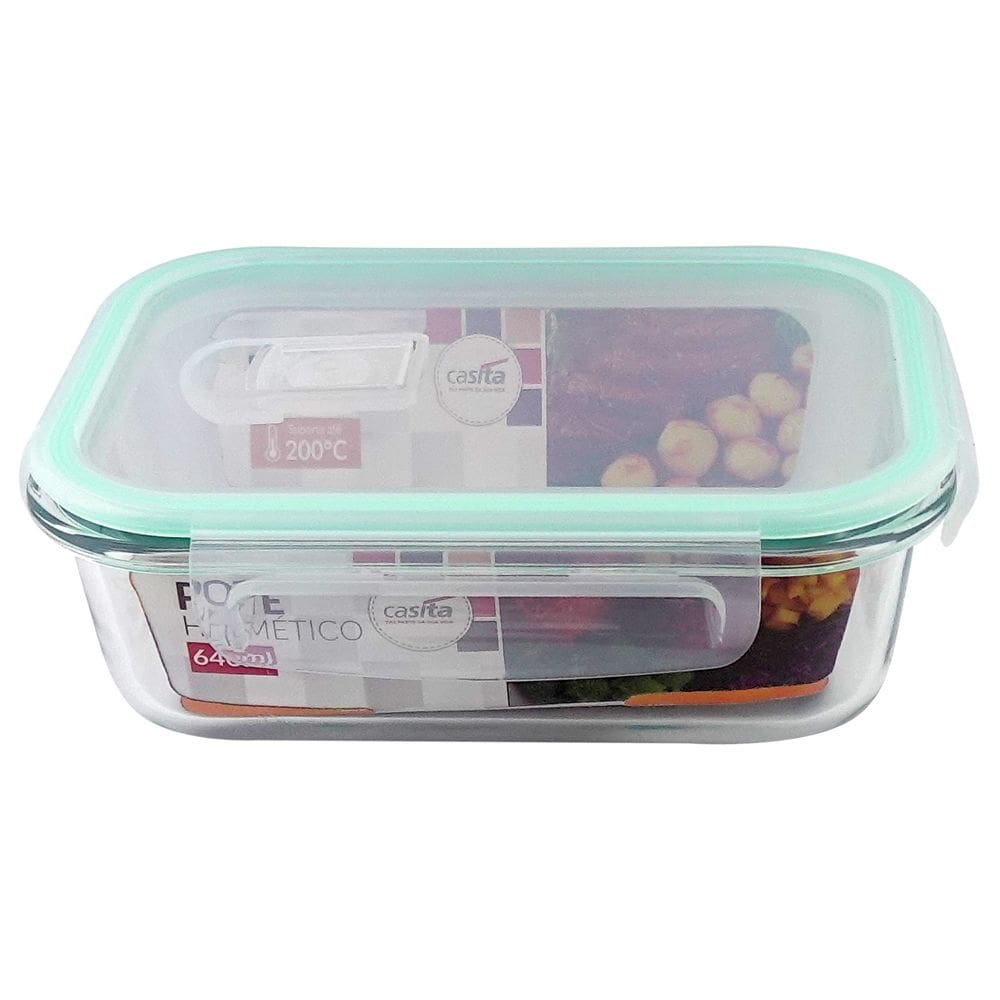 Kit 5 Potes Retangulares 640ml de Vidro Fechamento Hermético 4 Travas Marmita