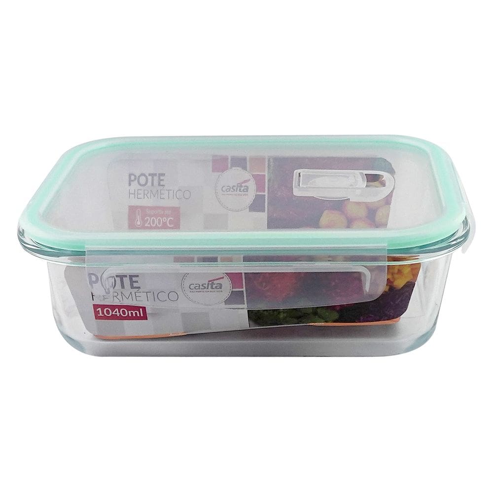 Pote Retangular 1040ml de Vidro Fechamento Hermético 4 Travas Marmita