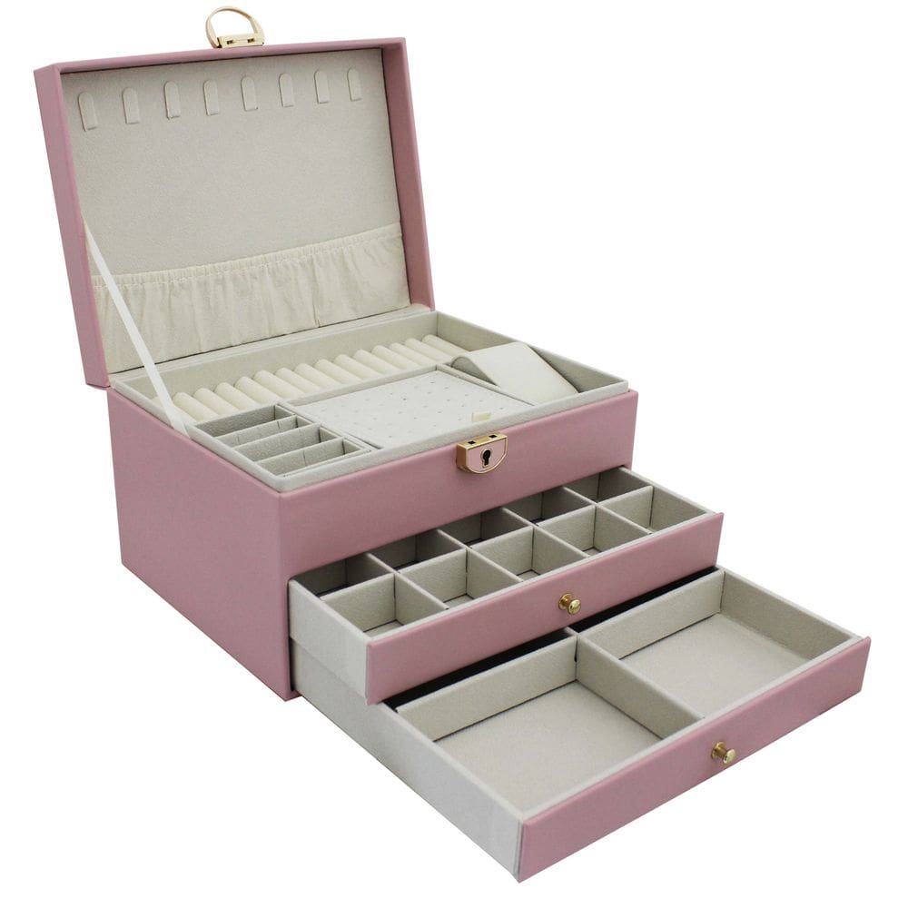 Porta Jóias Portátil Divisória Organizador Feminino Multiuso Rosa 23*17.5*13.5CM