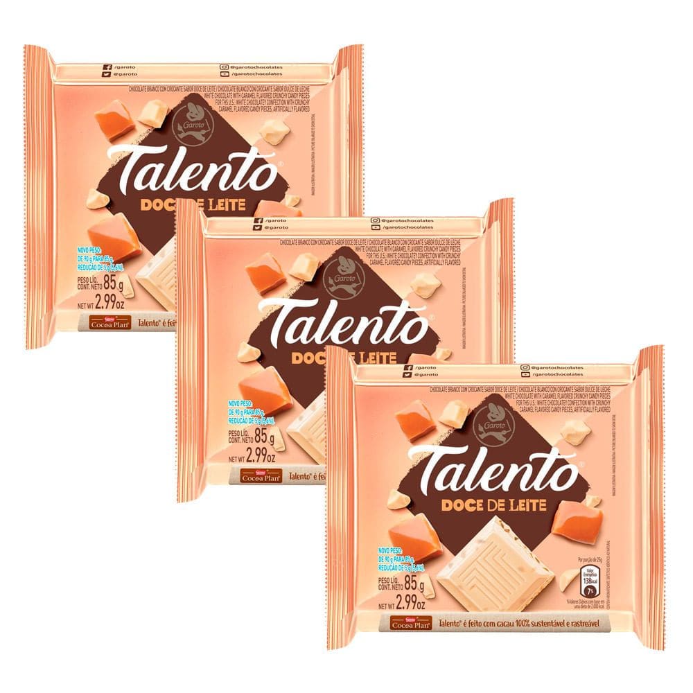 Kit 3 Chocolate Garoto Talento Branco com Doce de Leite 85g