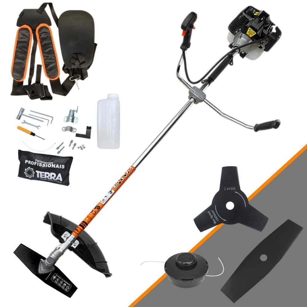 Roçadeira Terra GRH-520 À Gasolina 52cc 2,5HP 6.500rpm Máquina de Corta Grama Completa Com Carretel de Nylon + Lâmina 2 Pontas + Lâmina 3 Pontas