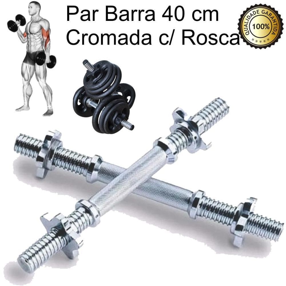 Barra Halter 40Cm Maciça Cromada Com Rosca Par