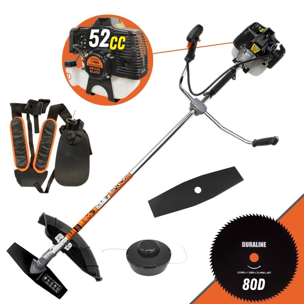 Roçadeira Robusta Terra GRH520 À Gasolina 52cc Motor 2 Tempos 2,5HP de Potência 6.500rpm Com Carretel de Nylon + Lâmina Facão + Lâmina 80 Dentes
