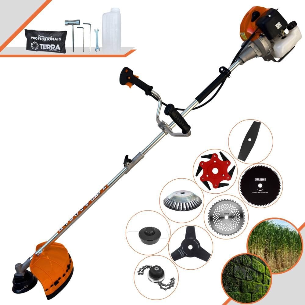 Roçadeira Profissional Completa Terra GRHB430 Bi-Partida À Gasolina Motor 2T 43cc 1,7HP de Potência Alta Rotação Com Carretel + Kit 7 Opções de Cortes