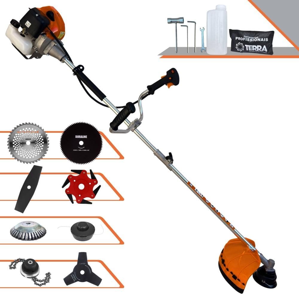 Roçadeira Robusta Terra GRHB430 Bi-Partida À Gasolina 43cc 1,7HP Alta Rotação Para Todos os Tipos de Trabalho Com Carretel + Kit de 7 Opções de Cortes