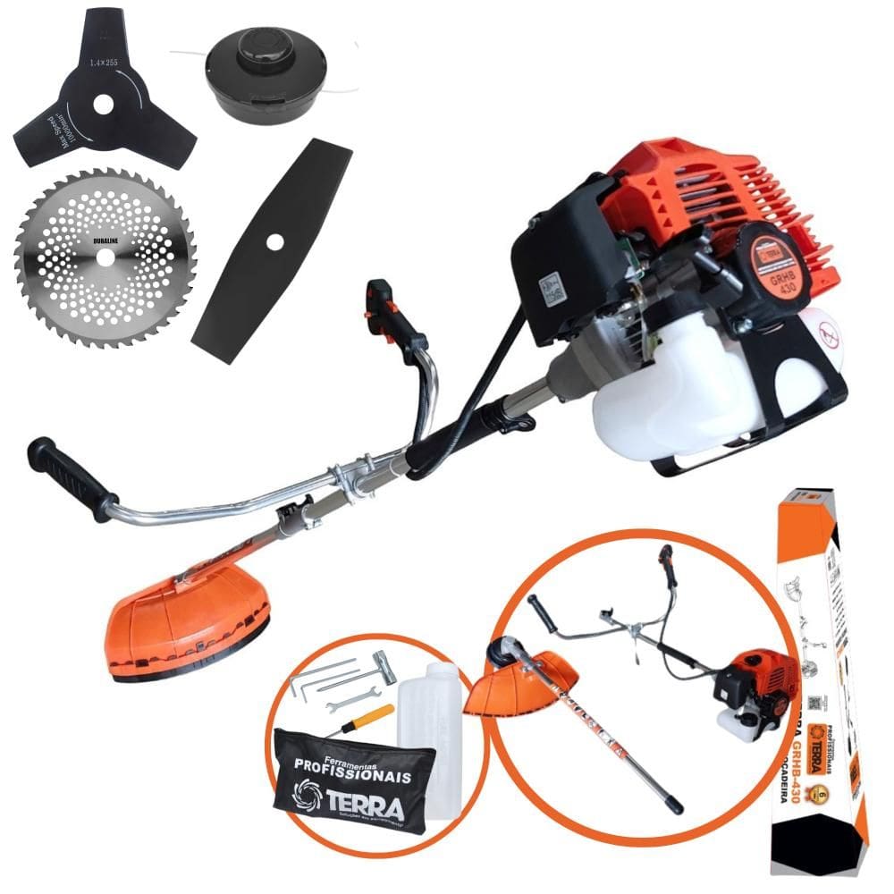 Aparador de Grama Terra GRHB430 Bipartida À Gasolina 43cc 1,7HP 12.000rpm Com Carretel Nylon + Lâmina Facão + Lâmina 3 Pontas + Lâmina 40 Dentes Vídea