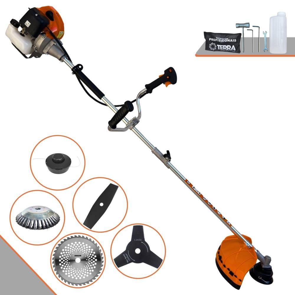 Roçadeira Multifuncional Terra GRHB430 Bipartido À Gasolina 2T 1,7HP 43cc 12.000rpm Kit de Facas Extras 3 Pontas, Faca 40 Dentes Vídea e Escova de Aço