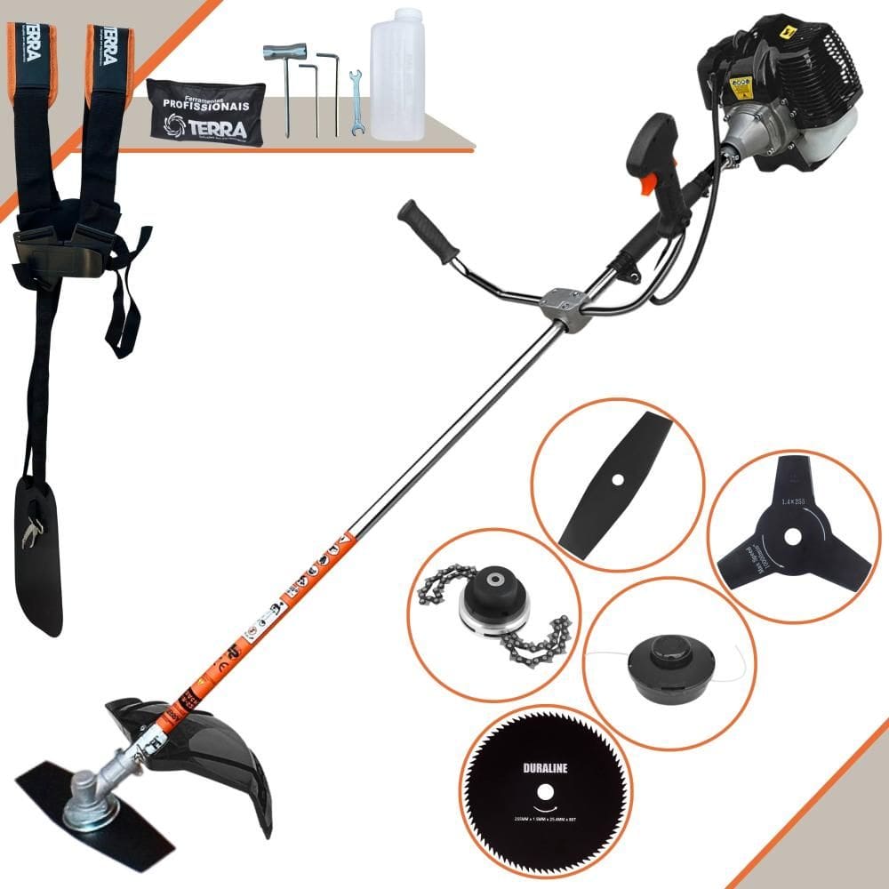 Roçadeira Robusta  À Gasolina Terra GRH520 2T 52cc 2,5HP + Lâmina 2 Pontas + Lâmina 3 Pontas + Lâmina 80 Dentes + Carretel Nylon + Trimmer