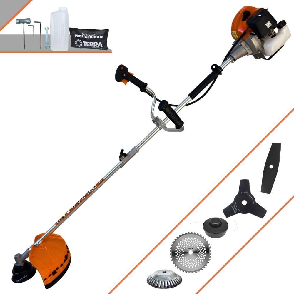 Roçadeira Podador de Grama À Gasolina 2T Terra GRHB-430 Bipartido 43cc 1,7HP 12.000rpm + Lâmina 3 Pontas + Lâmina 40 Dentes de Vídea + Escova de Aço