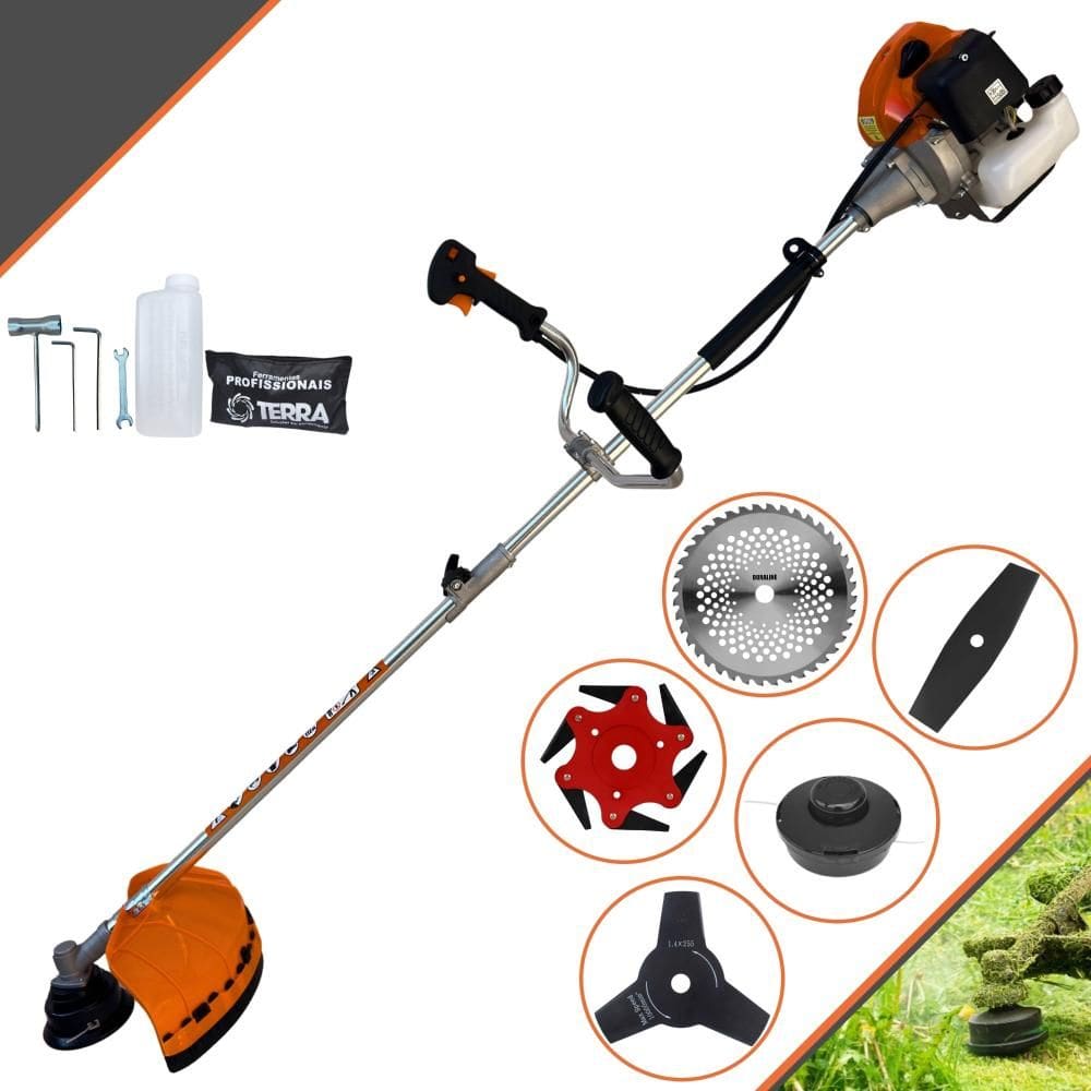 Roçadeira À Gasolina Terra GRHB430 Bipartido 43cc 1,7HP 12.000rpm Com Carretel + Lâmina Facão + Lâmina 3 Pontas + Lâmina 6 Pontas + 40 Dentes de Vídea