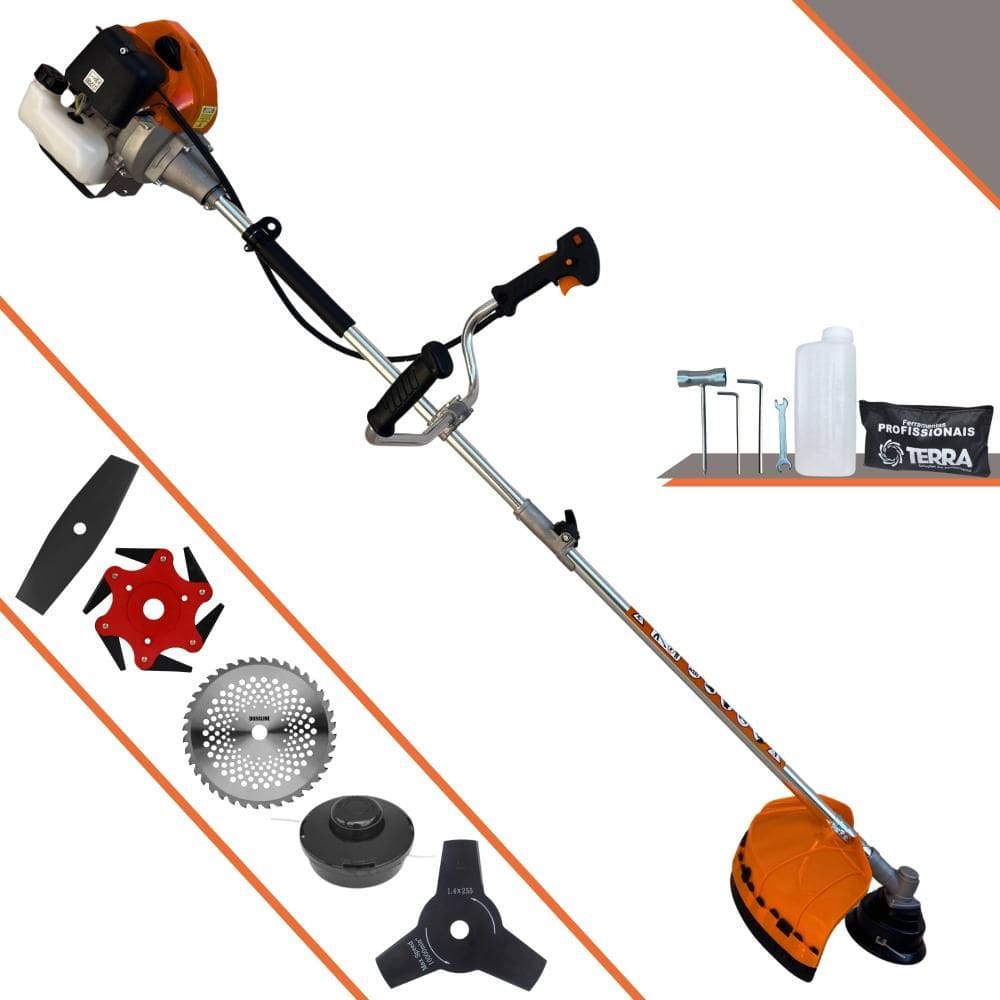 Aparador de Grama À Gasolina Terra GRHB430 Bipartido 2T 43cc 1,7HP de Potência 12000rpm Roçadeira Completa Com Carretel Nylon e Kit 4 Lâminas de Corte