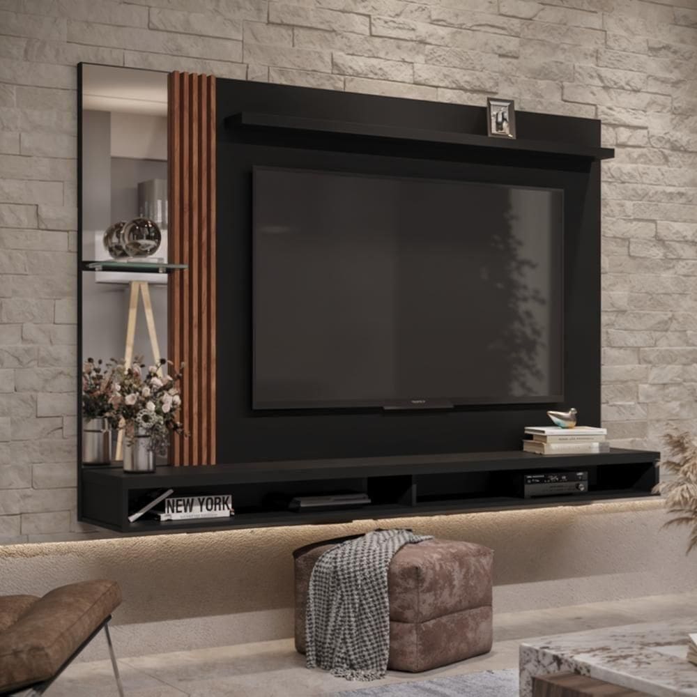 Painel Ripado Tv 55 Polegadas Suspenso Com Espelho Sarabi - Preto E Naturale