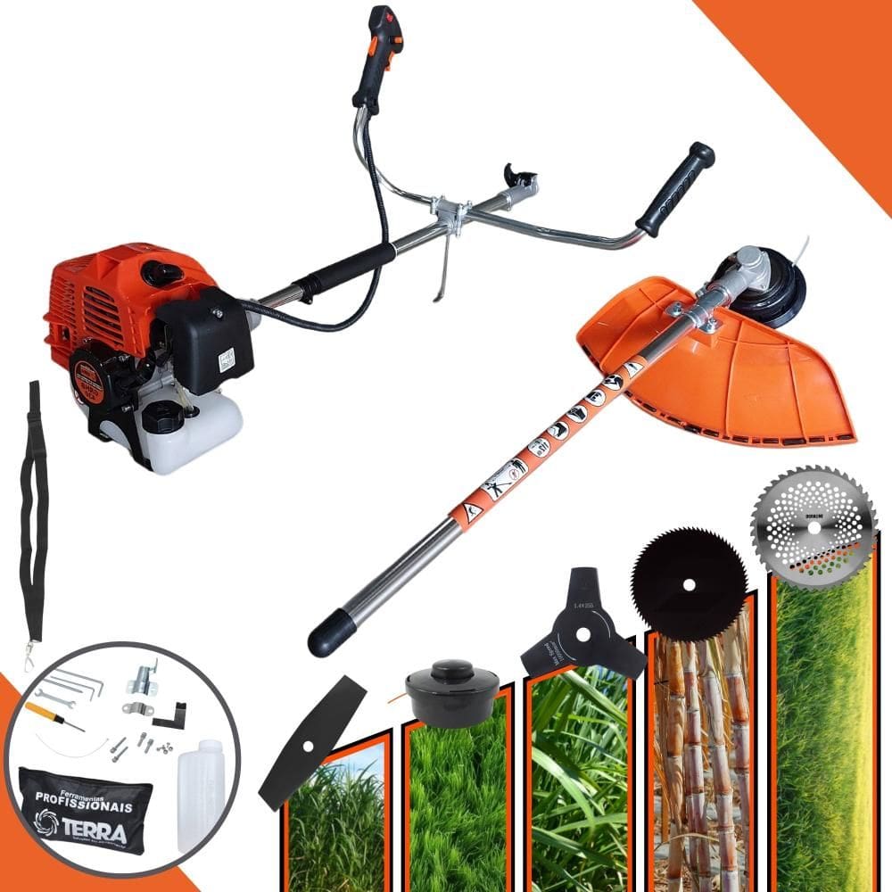 Aparador de Grama À Gasolina Terra GRHB430 Bipartida 2T 43cc 1,7HP de Potência 12000rpm Roçadeira Completa Com Carretel Nylon e Kit 4 Lâminas de Corte