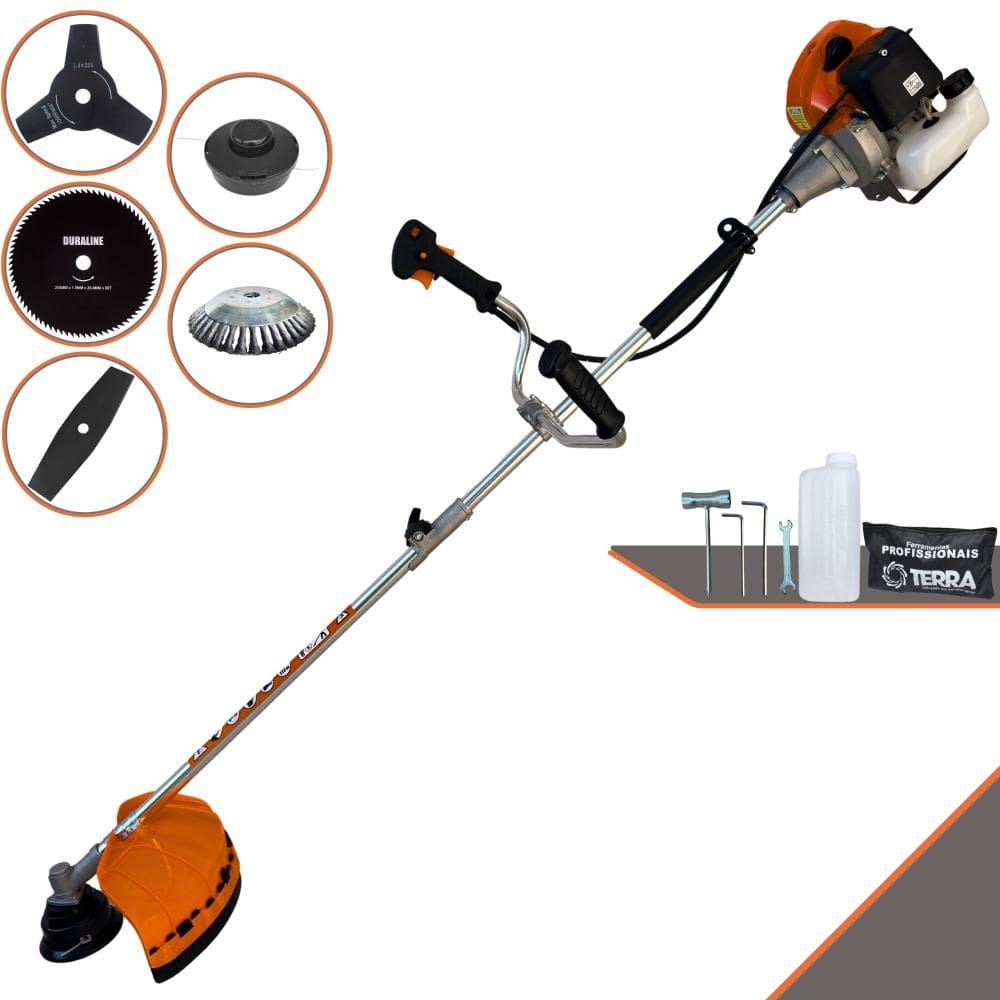 Roçadeira Terra GRHB430 Bi-Partido 43cc 12.000rpm 1,7HP Multifunções Com Carretel e Faca 2 Pontas + Faca 3 Pontas + Faca 80 Dentes + Escova de Aço