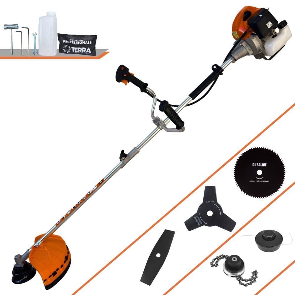 Roçadeira Profissional Terra GRHB430 Bi-Partida À Gasolina 43cc 1,7HP Com Carretel + Lâmina 2 Pontas + Lâmina 3 Pontas + Lâmina 80 Dentes + Trimmer