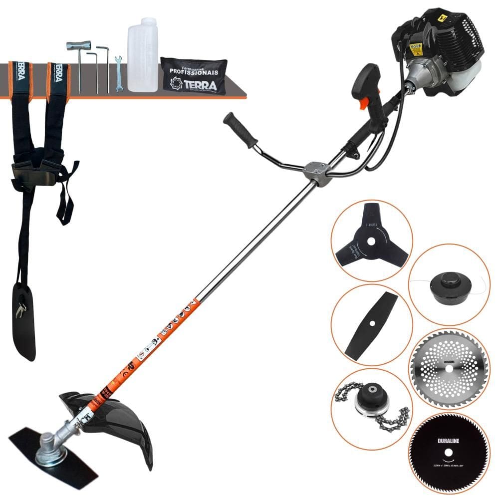 Aparador de Grama Terra GRH520 À Gasolina 52cc 2,5HP 6.500rpm Com Carretel Nylon + Faca 2 Pontas + 3 Pontas + 40 Dentes de Vídea + 80 Dentes + Trimmer