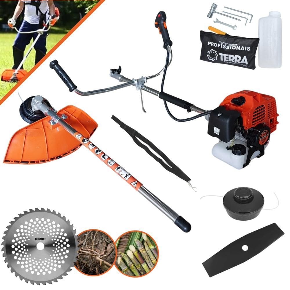 Roçadeira Robusta Terra GRHB-430 Bipartida À Gasolina 2T 1,7HP de Potência 43cc 12.000rpm Com Carretel Nylon + Faca 2 Pontas + Faca 40 Dentes de Vídea