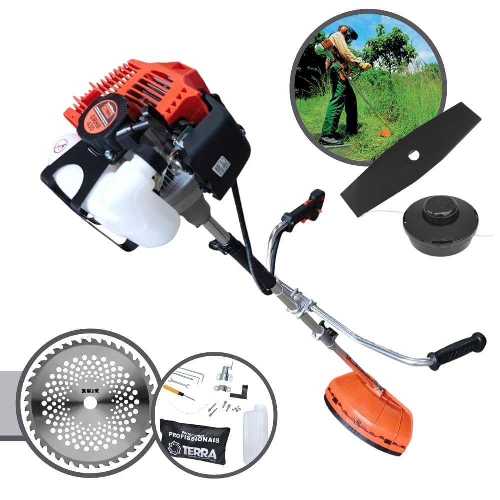 Roçadeira Multifuncional À Gasolina Terra GRHB430 Bipartida 43cc 1,7HP 2T Alta Rotação Com Carretel de Nylon + Faca 2 Pontas + Faca 40 Dentes de Vídea