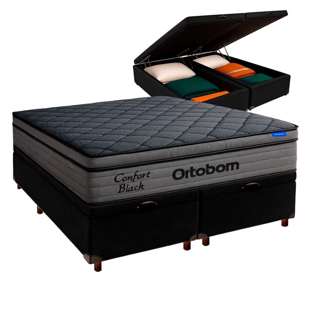 Cama Box Bau Preto + Colchão King Confort Black Espuma Soft Gel Ortobom