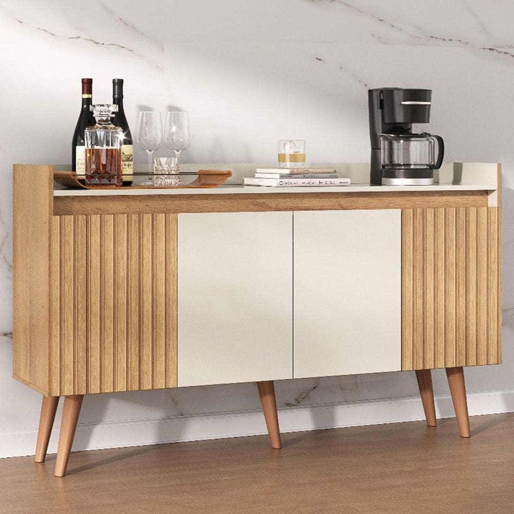 Balcão Buffet Retro 4 Portas 1 Prateleira Ripado 3d Canelato/Natural/Off White - Atualle Móveis