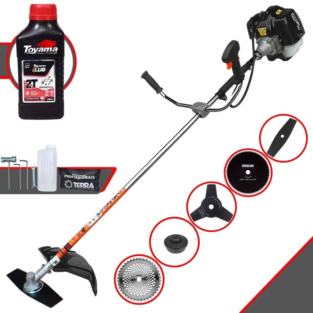Roçadeira Multifuncional Terra GRH520 À Gasolina 52cc 2,5HP 6.500rpm Com Carretel de Nylon + Kit 4 Lâminas de Corte + ÓLEO TOYAMA FG50 2 Tempos