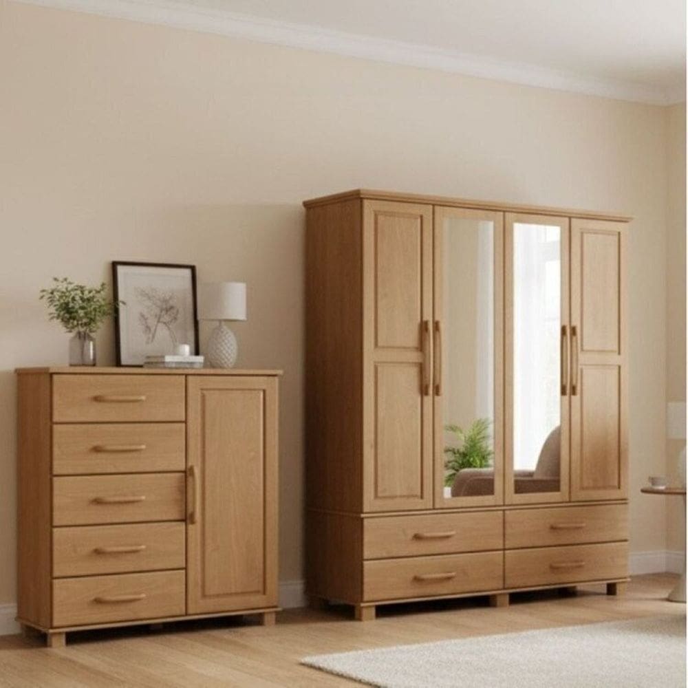 Conjunto Guarda Roupa 4 Portas + Cômoda 5 Gavetas 100% Madeira Maciça - Linha Ouro Finestra Móveis Freijó