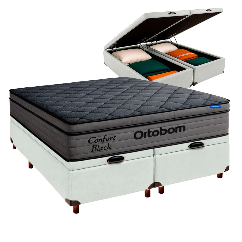 Cama Box Bau Branco + Colchão Queen Confort Black Espuma Soft Gel Ortobom